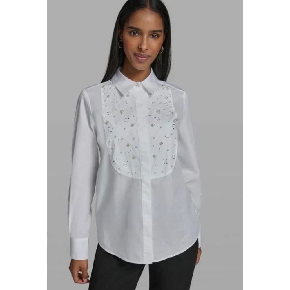 Karl Lagerfeld Paris Womens Pearl‎ Rhinestone Bib Shirt White G62TG69A Size M